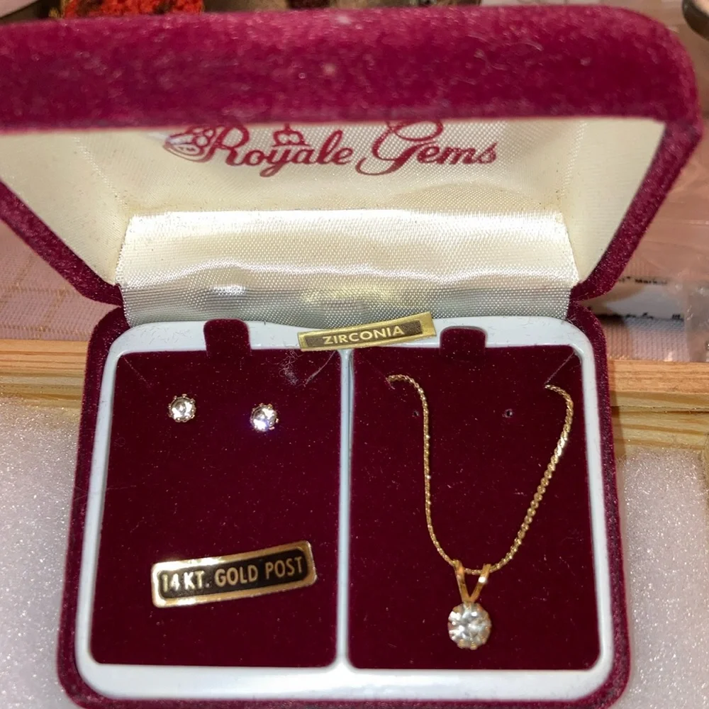 Set of CZ Pendant Necklace and Round CZ Stud Earrings on 14k GF Posts for Teen